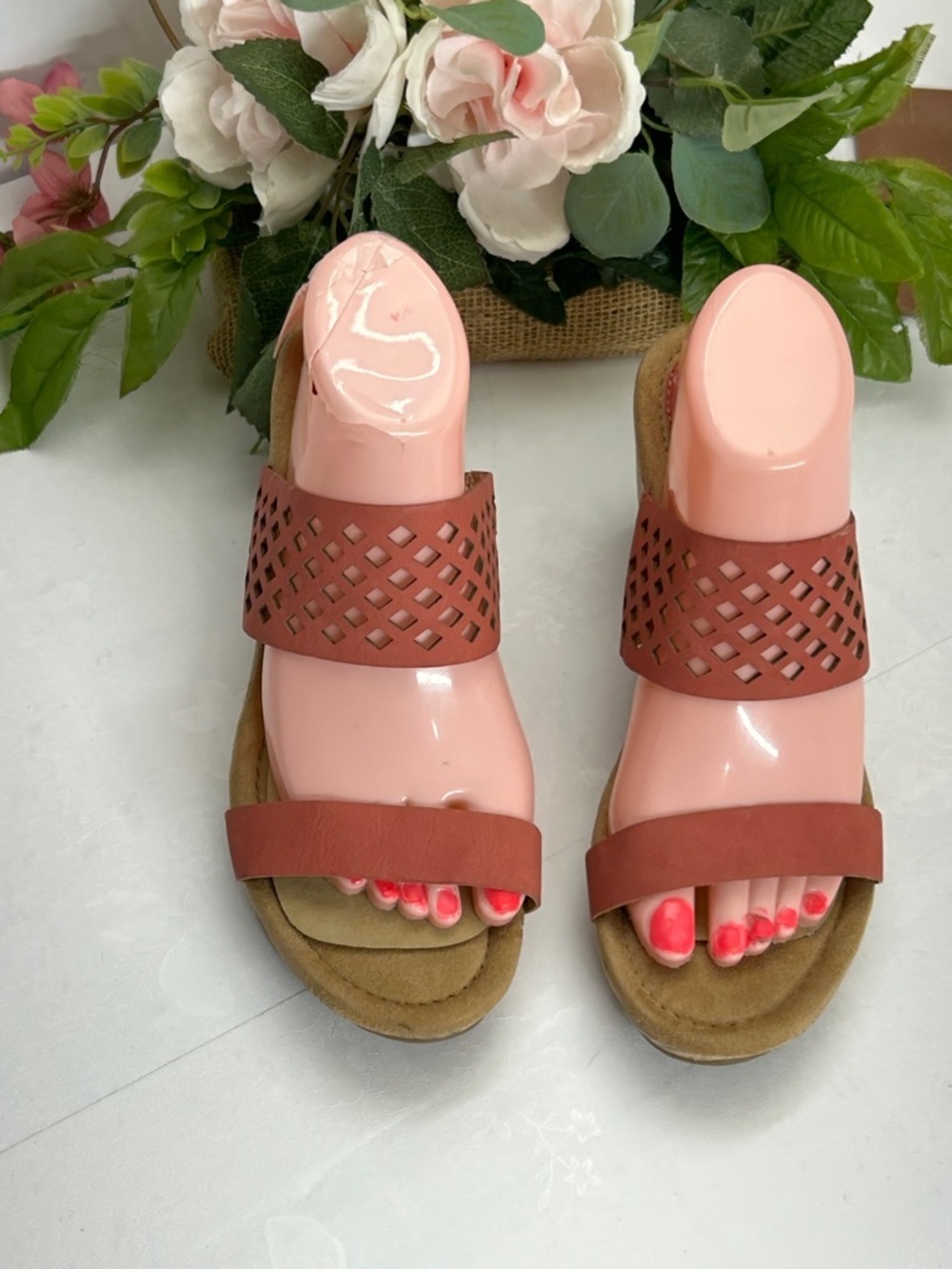 Women’s Casual Tan Slide Sandals with Laser-Cut Strap